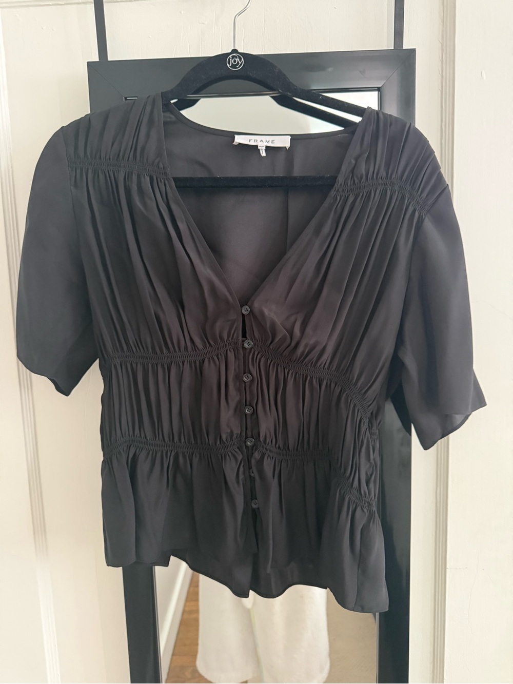 FRAME Gathered V-Neck Silk Blouse